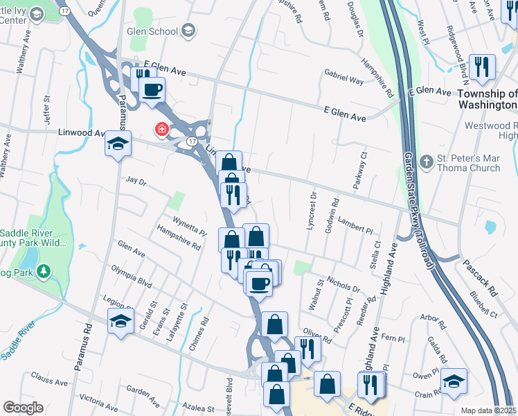 map of restaurants, bars, coffee shops, grocery stores, and more near 830 Alden Road in Paramus