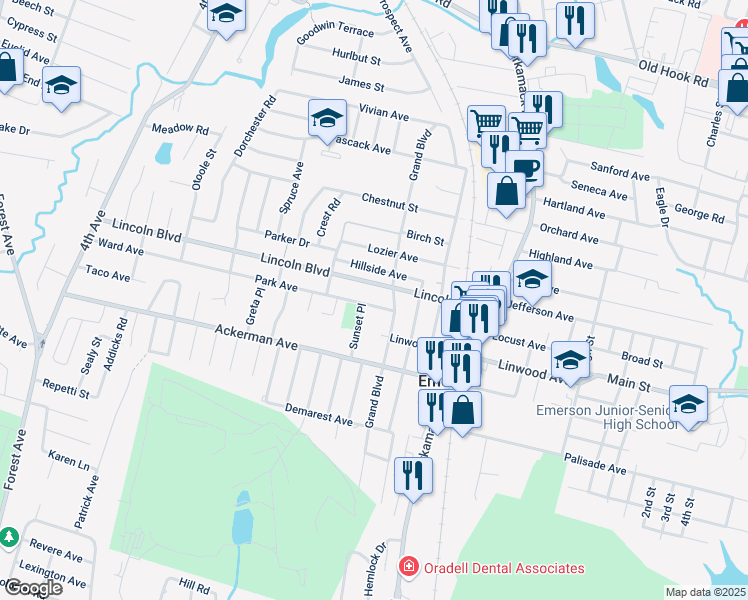 map of restaurants, bars, coffee shops, grocery stores, and more near 38 Park Avenue in Emerson
