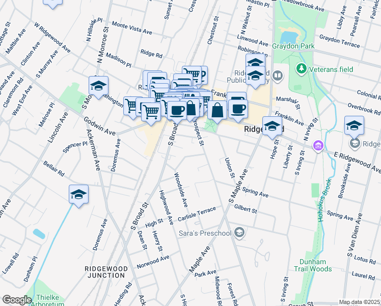map of restaurants, bars, coffee shops, grocery stores, and more near 128 Woodside Avenue in Ridgewood