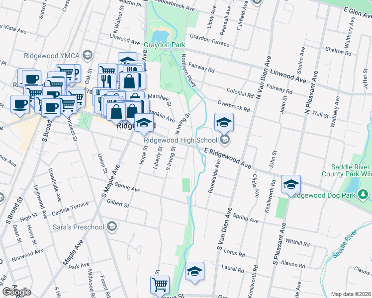 map of restaurants, bars, coffee shops, grocery stores, and more near 14 Southern Parkway in Ridgewood