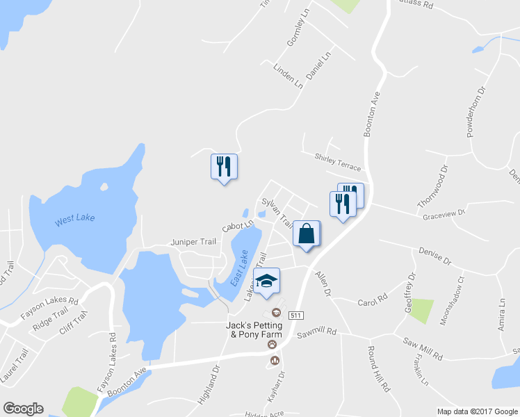 map of restaurants, bars, coffee shops, grocery stores, and more near 1 Lagoon Trail in Kinnelon