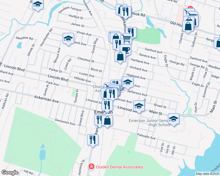 map of restaurants, bars, coffee shops, grocery stores, and more near 10 Lincoln Boulevard in Emerson