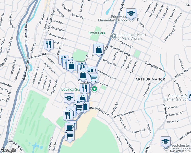 map of restaurants, bars, coffee shops, grocery stores, and more near 111 Gaylor Road in Scarsdale