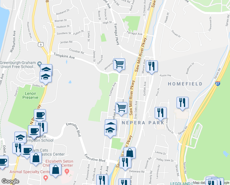 map of restaurants, bars, coffee shops, grocery stores, and more near 1525 Nepperhan Avenue in Yonkers