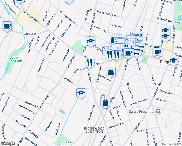 map of restaurants, bars, coffee shops, grocery stores, and more near 125 Lenox Avenue in Ridgewood