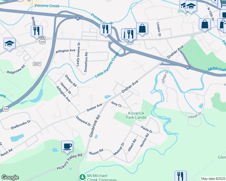 map of restaurants, bars, coffee shops, grocery stores, and more near 1328 Dreher Avenue in Stroudsburg