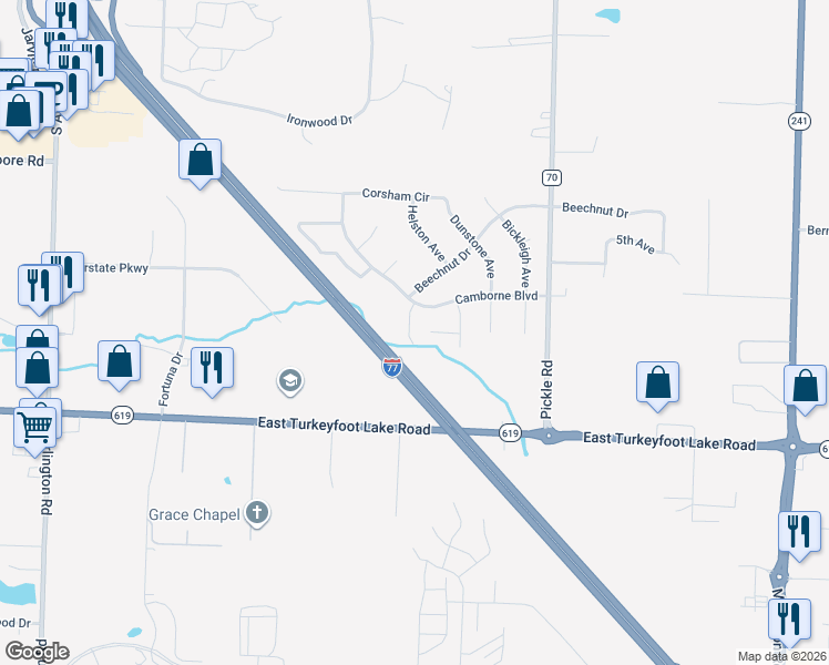 map of restaurants, bars, coffee shops, grocery stores, and more near 1242 Bexley Circle in Akron