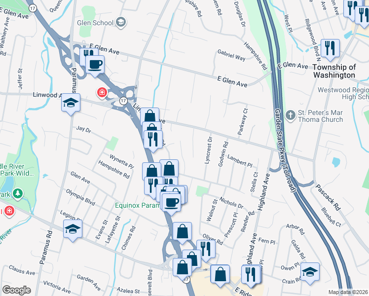 map of restaurants, bars, coffee shops, grocery stores, and more near 826 Carter Lane in Paramus