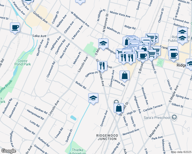 map of restaurants, bars, coffee shops, grocery stores, and more near 178 Katherine Rd in Ridgewood