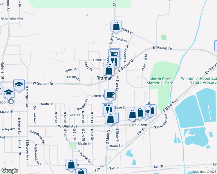 map of restaurants, bars, coffee shops, grocery stores, and more near 156 N Main St in Rittman