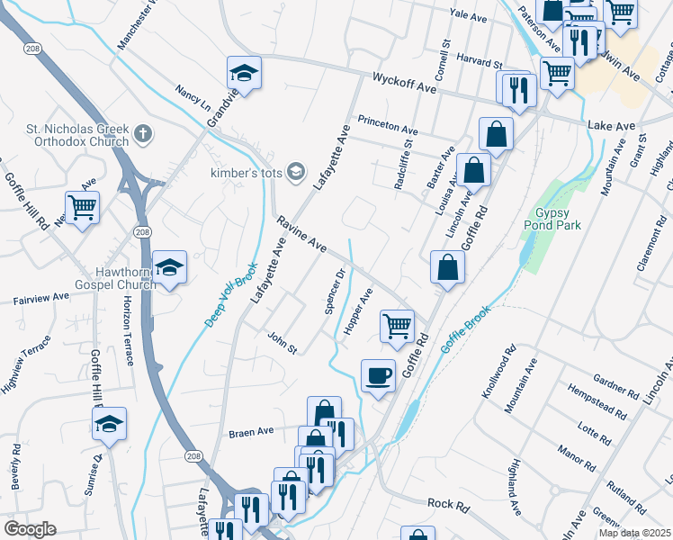 map of restaurants, bars, coffee shops, grocery stores, and more near 501 Spencer Drive in Wyckoff
