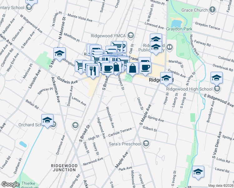 map of restaurants, bars, coffee shops, grocery stores, and more near 122 Woodside Avenue in Ridgewood