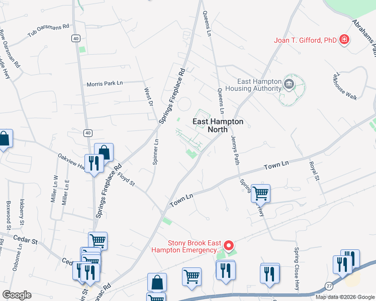 map of restaurants, bars, coffee shops, grocery stores, and more near 181 Accabonac Road in East Hampton