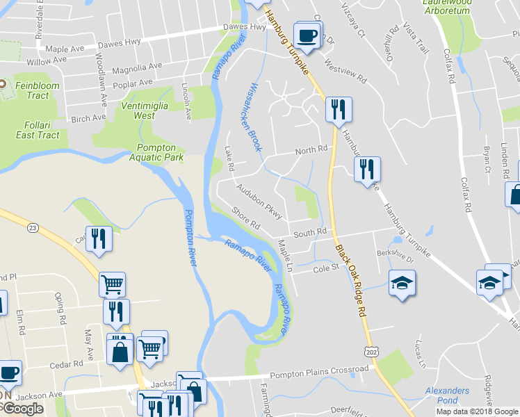 map of restaurants, bars, coffee shops, grocery stores, and more near 29 Audubon Parkway in Wayne