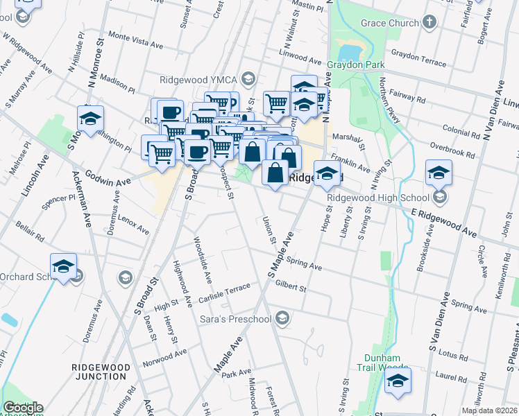 map of restaurants, bars, coffee shops, grocery stores, and more near 158 Union Street in Ridgewood
