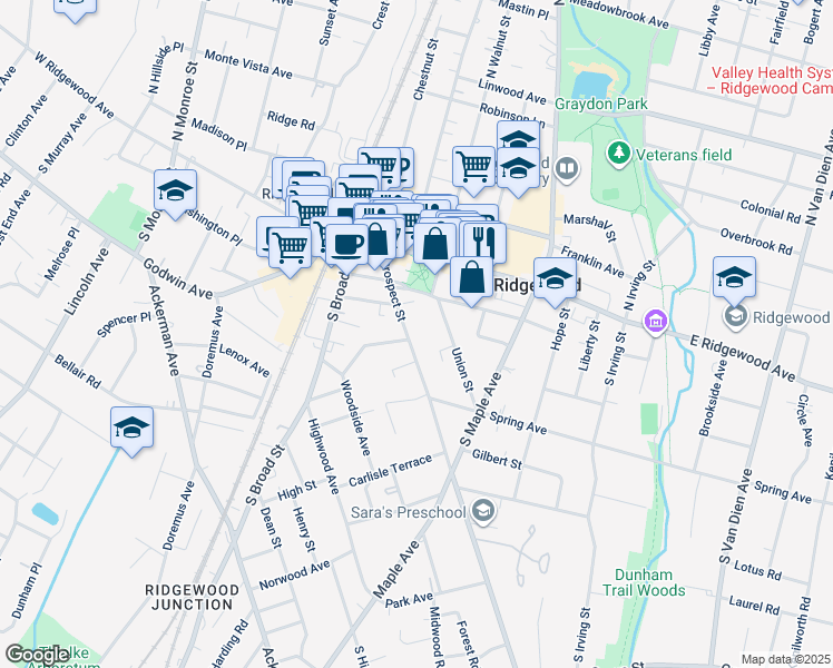 map of restaurants, bars, coffee shops, grocery stores, and more near 145 Prospect Street in Ridgewood