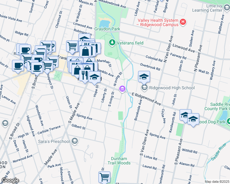 map of restaurants, bars, coffee shops, grocery stores, and more near 14 Southern Parkway in Ridgewood