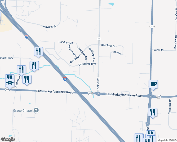map of restaurants, bars, coffee shops, grocery stores, and more near 3208 Bickleigh in Akron