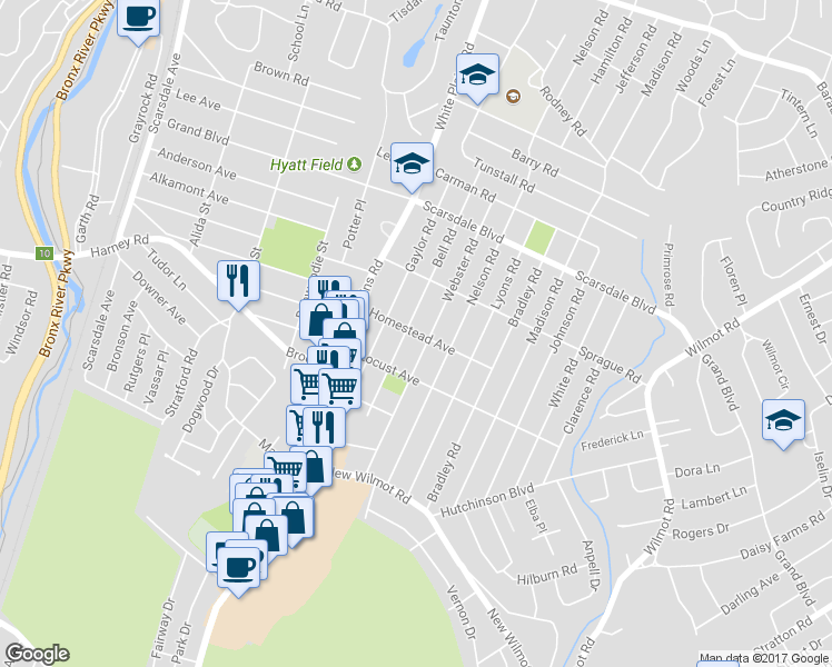 map of restaurants, bars, coffee shops, grocery stores, and more near 42 Homestead Avenue in Scarsdale