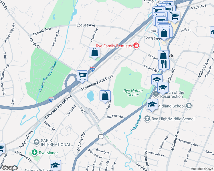 map of restaurants, bars, coffee shops, grocery stores, and more near 100 North Street in Rye