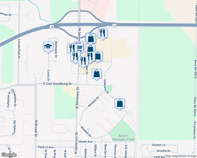 map of restaurants, bars, coffee shops, grocery stores, and more near 2470 Veterans Drive in Galesburg