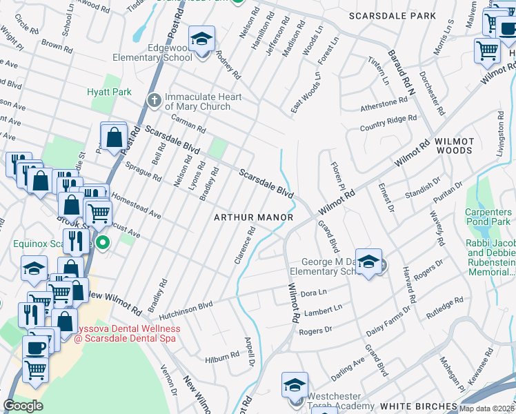 map of restaurants, bars, coffee shops, grocery stores, and more near 164 Clarence Road in Scarsdale