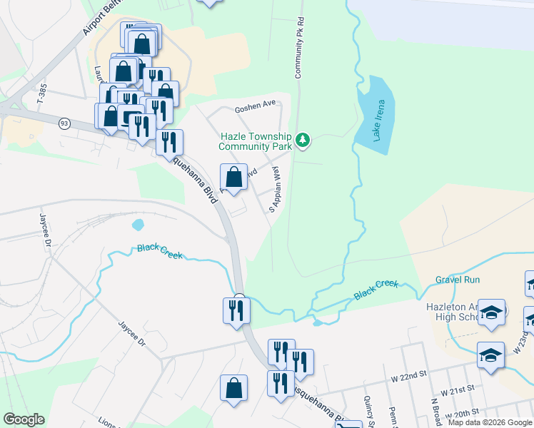 map of restaurants, bars, coffee shops, grocery stores, and more near 51 South Appian Way in Hazleton