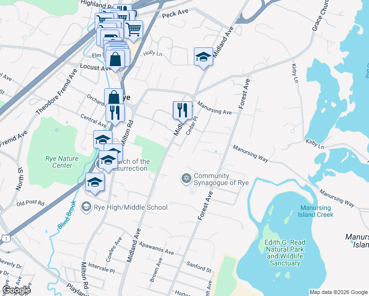 map of restaurants, bars, coffee shops, grocery stores, and more near 87 Cedar Place in Rye