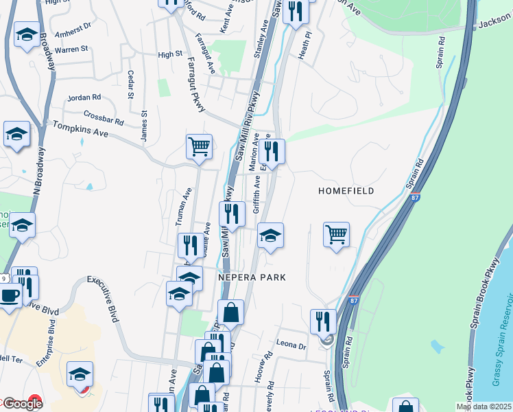 map of restaurants, bars, coffee shops, grocery stores, and more near 1212 Saw Mill River Road in Yonkers