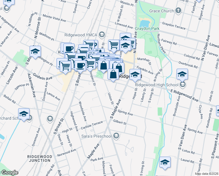 map of restaurants, bars, coffee shops, grocery stores, and more near 158 Union Street in Ridgewood