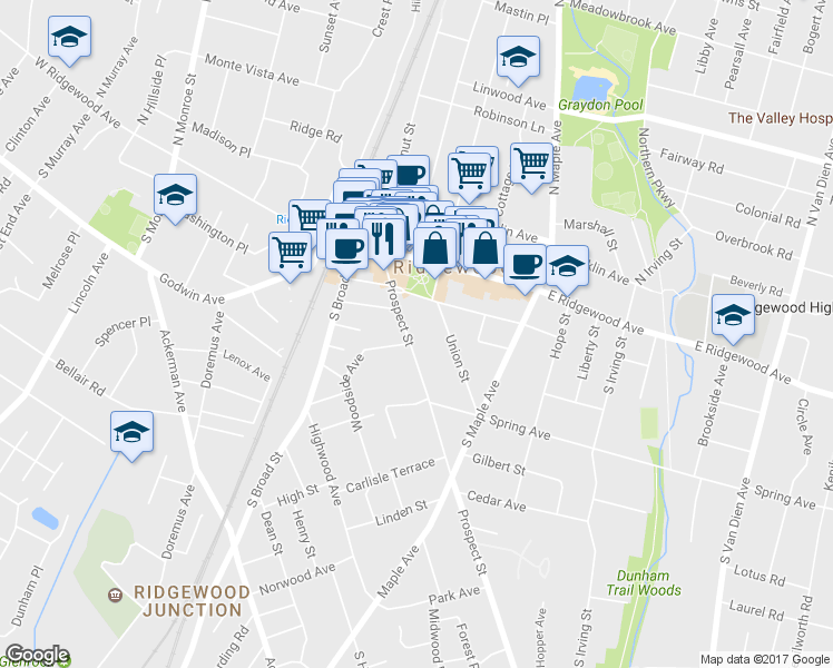 map of restaurants, bars, coffee shops, grocery stores, and more near 145 Prospect Street in Ridgewood