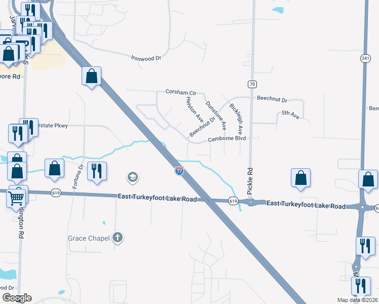 map of restaurants, bars, coffee shops, grocery stores, and more near 1242 Bexley Circle in Akron