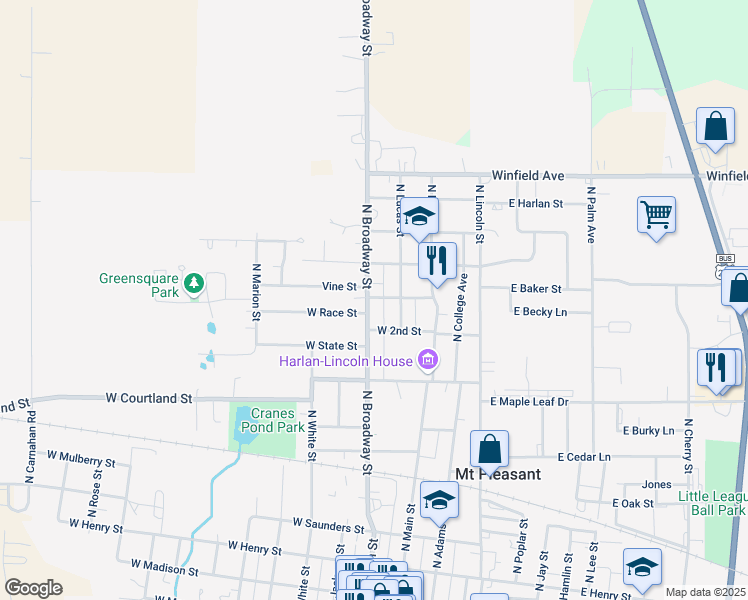 map of restaurants, bars, coffee shops, grocery stores, and more near 850 North Broadway Street in Mount Pleasant