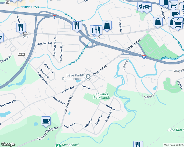 map of restaurants, bars, coffee shops, grocery stores, and more near 1312 Dreher Avenue in Stroudsburg