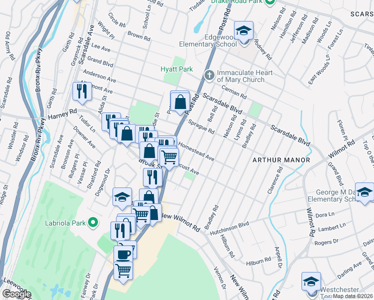 map of restaurants, bars, coffee shops, grocery stores, and more near 111 Gaylor Road in Scarsdale