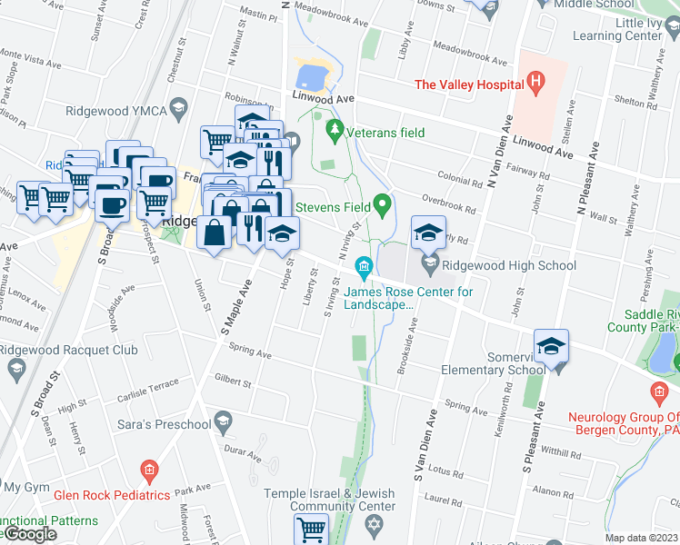 map of restaurants, bars, coffee shops, grocery stores, and more near 20 South Irving Street in Ridgewood