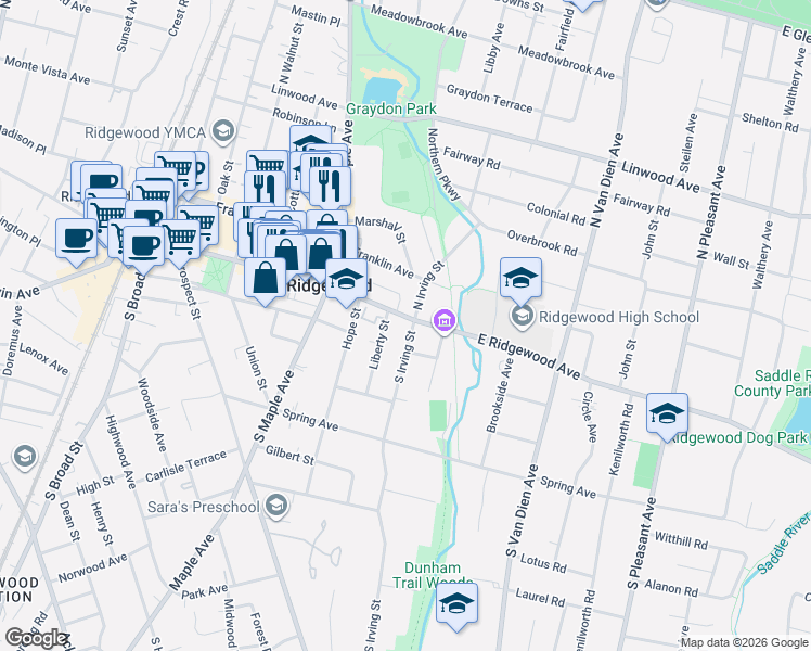 map of restaurants, bars, coffee shops, grocery stores, and more near 20 South Irving Street in Ridgewood