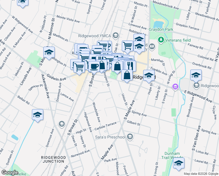 map of restaurants, bars, coffee shops, grocery stores, and more near 145 Prospect Street in Ridgewood