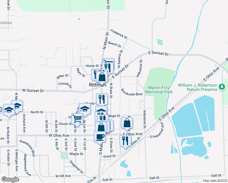 map of restaurants, bars, coffee shops, grocery stores, and more near 152 North State Street in Rittman