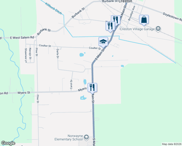 map of restaurants, bars, coffee shops, grocery stores, and more near 210 South Main Street in Creston