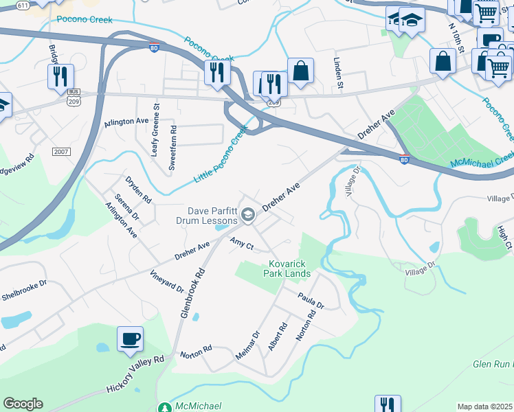 map of restaurants, bars, coffee shops, grocery stores, and more near 1312 Dreher Avenue in Stroudsburg