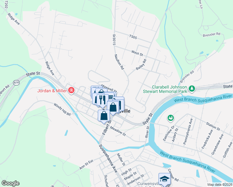 map of restaurants, bars, coffee shops, grocery stores, and more near 501-599 Maxwell St in Curwensville