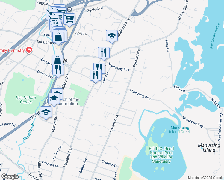 map of restaurants, bars, coffee shops, grocery stores, and more near 37 Gramercy Avenue in Rye