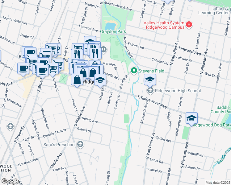 map of restaurants, bars, coffee shops, grocery stores, and more near 20 South Irving Street in Ridgewood