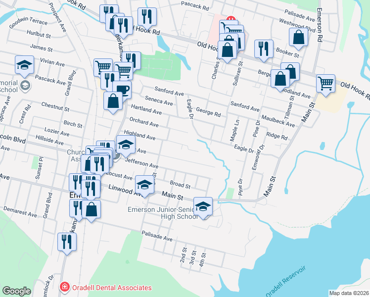 map of restaurants, bars, coffee shops, grocery stores, and more near 140 Dyer Avenue in Emerson