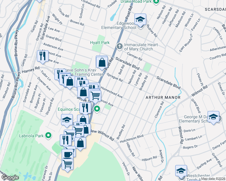 map of restaurants, bars, coffee shops, grocery stores, and more near 42 Homestead Avenue in Scarsdale