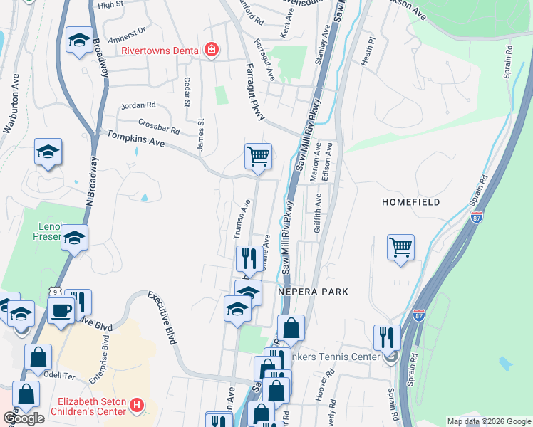 map of restaurants, bars, coffee shops, grocery stores, and more near 195 Clunie Avenue in Yonkers