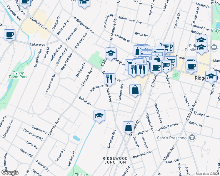 map of restaurants, bars, coffee shops, grocery stores, and more near 125 Lenox Avenue in Ridgewood