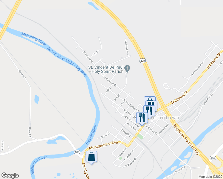 map of restaurants, bars, coffee shops, grocery stores, and more near 511 West Madison Avenue in New Castle