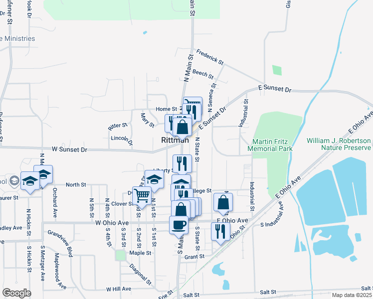 map of restaurants, bars, coffee shops, grocery stores, and more near 156 North Main Street in Rittman